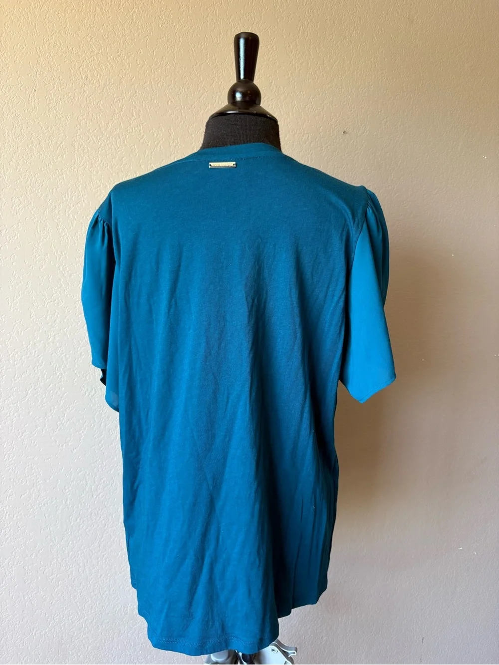 Michael Kors XL Teal Shirt Short Petal Sheer Sleeves Office
